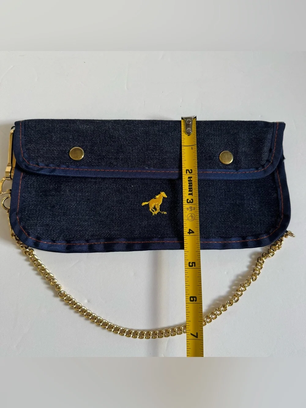 Vintage Ford Mustang Denim Chain Biker Denim Wallet Blue Embroidered Snap Bifold